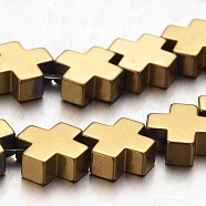 Electroplate Non-magnetic Synthetic Hematite Bead Strands, Cross, Golden Plated, 10x10x4mm, Hole: 1mm, about 45pcs/strand, 15.7 inch(G-F300-51-03)