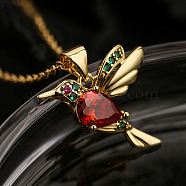 Brass Pave Cubic Zirconia Little Bird Pendant Necklaces, Golden, Red, 17.72 inch(45cm)(FS-WG89328-02)