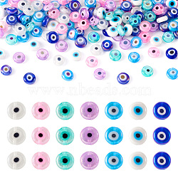 Pandahall 175Pcs 7 Colors Handmade Evil Eye Lampwork Beads, AB Color Plated, Flat Round, Mixed Color, 8x3mm, Hole: 1mm, 25pcs/color(EGLA-TA0001-32)