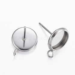 Non-Tarnish 304 Stainless Steel Stud Earring Settings, with Loop, Flat Round, Stainless Steel Color, Tray: 8mm, 13x10x1.5mm, Hole: 2mm, Pin: 0.8mm(STAS-H380-D-13P)