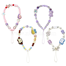 HOBBIESAY 4Pcs 4 Style  Acrylic Beaded Mobile Phone Lanyard Wrist Strap, Cute Phone Charm Flower Round Phone Anti-Lost Chain for Women Girls, Mixed Color, 17.5~20.5cm, 1pc/style(AJEW-HY0001-27)