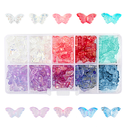 Electroplate Transparent Glass Beads, Including Transparent & AB Color Plated & Glitter Powder Style, Butterfly, Mixed Color, 14.5x8x3.5mm, Hole: 0.8mm, 10 colors, 20pcs/color, 200pcs/box(EGLA-FH0001-05)