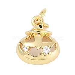 Rack Plating Brass Pendants, with Cubic Zirconia, Halloween Pumpkin Charms, Long-Lasting Plated, Lead Free & Cadmium Free, with Jump Ring, Real 18K Gold Plated, 14.5x12x4.5mm, Hole: 3mm(KK-Q028-47G)