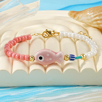 Porcelain & Glass Beaded Fish Charm Bracelets for for Women, with Brass, Golden, Pink, 6.50 inch(16.5cm)~6.69 inch(17cm)