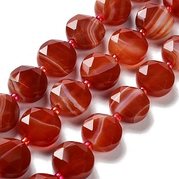 Natural Red Agate Beads Strands, with Seed Beads, Faceted Hexagonal Cut, Flat Round, Dyed & Heated, 12~12.5x5~6mm, Hole: 1.2~1.4mm, about 27~29pcs/strand, 15.55~15.75 inck(39.5~40cm)
