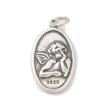 925 Sterling Silver Pendants, with Jump Rings and 925 Stamp, Antique Silver, Oval with Angel, 21.5x12.5x2.5mm, Hole: 3mm