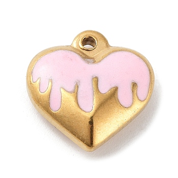 304 Stainless Steel Pendants, with Enamel, Golden, Heart Charm, Pink, 17x16.5x5.5mm, Hole: 1.7mm