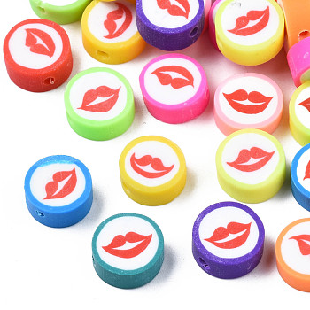 Handmade Polymer Clay Beads, Flat Round with Mouth, Mixed Color, 9.5~10x4~4.5mm, Hole: 1.6mm