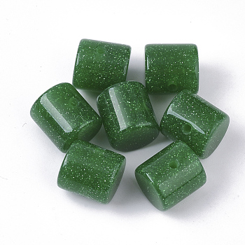 Resin Beads, with Glitter Powder, Column, Green, 14x13.5mm, Hole: 2mm