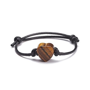 Natural Tiger Eye Heart Braided Cord Bracelet, Adjustable Friendship Bracelet for Women, Inner Diameter: 2-1/8~3 inch(5.4~7.6cm) 