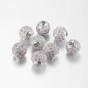 Brass Cubic Zirconia Beads, Round, Platinum, 8mm, Hole: 1.5mm