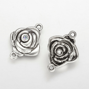 Tibetan Style Alloy Links connectors, with Rhinestone, Flower, Antique Silver, 29.5x22x7mm, Hole: 2mm