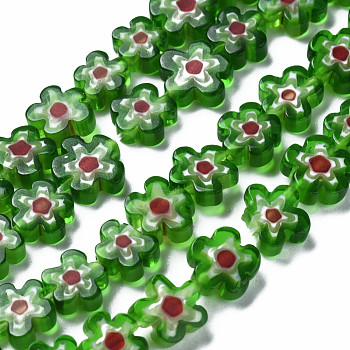 Handmade Millefiori Glass Bead Strands, Flower, Green, 5.5~8x2.5mm, Hole: 1mm, about 64~67pcs/strand, 15.75 inch~16.34 inch(40~41.5cm)
