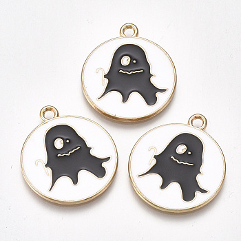 Alloy Pendants, Cadmium Free & Lead Free, with Enamel, Flat Round with Ghost, Light Gold, Black, 26x23x1.5mm, Hole: 2mm