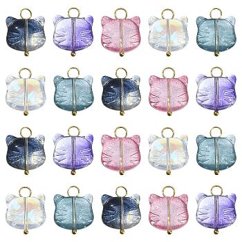 100Pcs 5 Colors Glass Pendants, with Golden Tone Brass Loops, Cat Head Charms, Mixed Color, 17x14x6.5mm, Hole: 2.5mm, 20Pcs/color