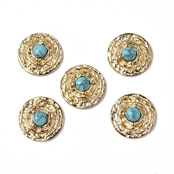 Vacuum Plating 201 Stainless Steel Natural Turquoise Pendants, Real 18K Gold Plated, Flat Round Charms, 19x5mm, Hole: 1.8mm