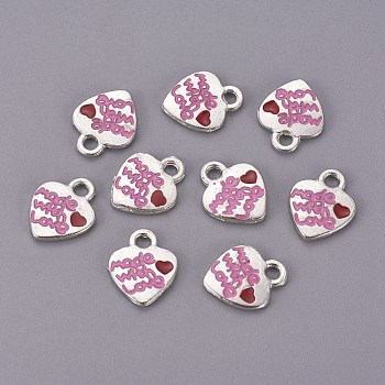 Alloy Enamel Pendants, Cadmium Free & Lead Free, Heart with Word Made With Love, Great For Mother's Day Gifts Making, Platinum, Red, about 10mm wide, 13mm long, hole: 2mm