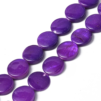 Spray Painted Natural Freshwater Shell Beads Strands, Flat Round, Purple, 12.5x3mm, Hole: 1mm, about 32pcs/strand, 15.63 inch(39.7cm)