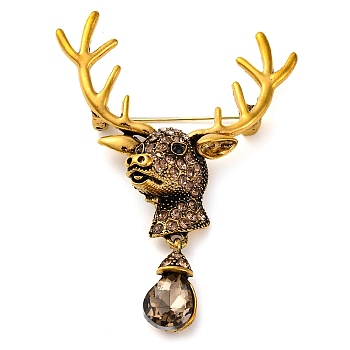 Animal Zinc Alloy Rhinestone Brooches, Deer, 72x52mm