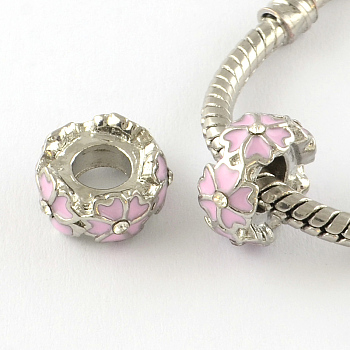 Enamel Flat Round with Flower Platinum Tone Alloy Large Hole Beads, with Rhinestone, Pearl Pink, 12x6mm, Hole: 5mm