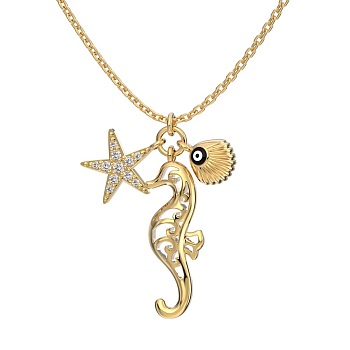 Summer Beach 925 Sterling Silver Micro Pave Clear Cubic Zirconia Cable Chain Sea Horse & Starfish Pendant Necklaces, Real 18K Gold Plated, 15.91 inch(40.4cm)