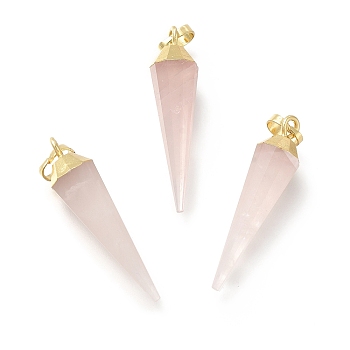 Natural Rose Quartz Pointed Pendants, Faceted Cone Charms, with Brass Findings, Golden, 34x8.5x8mm, Hole: 6.5x4mm
