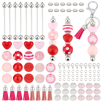 Elite DIY Beadable Keychain Making Kit, Including Brass Bar Keychain, ABS Plastic Imitation Pearl & Acrylic & Resin Round Beads, Faux Suede Tassel Pendant, Mixed Color, 134Pcs/box