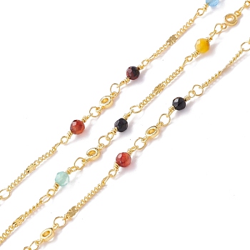 Handmade Brass Flat Round & Clover Link Chains, with Faceted Round Agate Beads, Long-Lasting Plated, Cadmium Free & Lead Free, Unwelded, with Spool, Golden, Colorful, 13x4mm