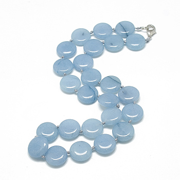 Natural Aquamarine Beaded Necklaces, with Alloy Lobster Clasps, Flat Round, Dyed, 18.1 inch~18.5  inch(46~47cm), Flat Round: 16mm