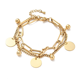 Flat Round and Round Ball Charm Multi-strand Bracelet, Vacuum Plating 304 Stainless Steel Double Layered Chains Bracelet for Women, Golden, 7-1/2 inch(19cm)