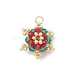 Christmas Imitate Austrian Crystal Bicone Glass Pendants, Snowflake, with 304 Stainless Steel Jump Rings, Real 18K Gold Plated, Red, 18x16x9.5mm, Hole: 3mm(PALLOY-MZ00816)