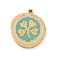 316 Surgical Stainless Steel Enamel Pendants, Flat Round with Clover Charm, Golden, Light Sea Green, 16x14x1.5mm, Hole: 1.2mm(STAS-M073-12G)