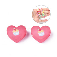 Transparent Printed Acrylic Beads, for Hair Rope DIY, Large Hole Beads, Rubberized Style, Heart with Cup Cake Pattern, Hot Pink, 14x18x8mm, Hole: 4mm(MACR-S373-124-H08)