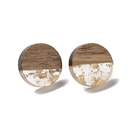 Resin & Walnut Wood Flat Round Stud Earrings with 304 Stainless Steel Pin for Women, Gold, 15mm, Pin: 0.6mm(X-EJEW-N017-010B-02)