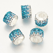 Polymer Clay Rhinestone European Beads, Large Hole Beads, with Platinum Tone Brass Single Cores, Column, Blue Zircon, 10x11~12mm, Hole: 4.5mm(RB-T005-01C)