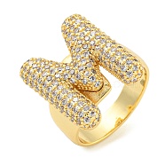 Brass Micro Pave Clear Cubic Zirconia Letter Open Cuff Ring for Women, Real 18K Gold Plated, Letter M, 22x18mm, Inner Diameter: 21mm(RJEW-M173-01G-M)