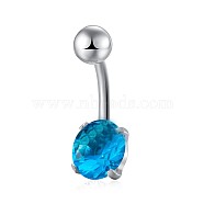 Piercing Jewelry, Brass Cubic Zirconia Navel Ring, Belly Rings, with 304 Stainless Steel Bar, Lead Free & Cadmium Free, Flat Round, Platinum, Deep Sky Blue, 19x8mm, Bar: 15 Gauge(1.5mm), Bar Length: 3/8"(10mm)(AJEW-EE0006-26C)
