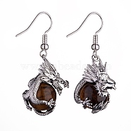 Natural Tiger Eye Dragon Dangle Earrings, Platinum Brass Jewelry for Women, 42mm, Pin: 0.6mm(EJEW-A092-06P-02)