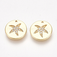 Brass Cubic Zirconia Charms, Flat Round with Starfish/Sea Stars, Clear, Nickel Free, Real 18K Gold Plated, 10x1.5mm, Hole: 0.8mm(KK-S350-274)