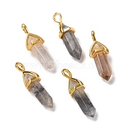 Natural Grey Quartz Pendants, Faceted, with Golden Tone Brass Findings, Lead free & Cadmium Free, Bullet, 27~30x9~10x7~8mm, Hole: 4x3mm(G-K329-63G)