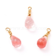 Wire Wrapped Faceted Cherry Quartz Glass Pendants, with Golden Plated Brass Wire, Teardrop, 16mm, Hole: 2mm(X-PALLOY-JF00541-02)