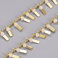 3.28 Feet Handmade Glass Beaded Chains, with Real 18K Gold Plated Brass Curb Chains, Long-Lasting Plated, Soldered, Lead Free & Cadmium Free, Rectangle, Light Salmon, 2.5x1.8x0.3mm, Rectangle: 9x3x3mm(X-CHC-I029-09E)