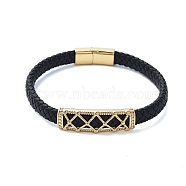 Men's Braided Black PU Leather Cord Bracelets, Hollow Rhombus 304 Stainless Steel Link Bracelets with Magnetic Clasps, Golden, 8-1/4x1/2 inch(21.1x1.3cm)(BJEW-K243-62G)