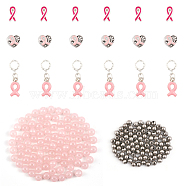 DIY Breast Cancer Awareness Theme Jewelry Making Finding Kit, Including Alloy Heart European Beads & Ribbon Dangle Pendants, Acrylic Round & 304 Stainless Steel Spacer Beads, Pink, 4~27x4~9.5x1~8.5mm, Hole: 1~5mm, 198Pcs/box(DIY-CA0005-36)