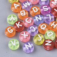 Transparent Acrylic Beads, Horizontal Hole, Flat Round with Random Initial Letter, Mixed Color, 7x4mm, Hole: 1.5mm, about 3830pcs/500g(MACR-S299-056)