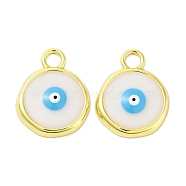 Rack Plating Brass Enamel Pendants, Long-Lasting Plated, Real 18K Gold Plated, Cadmium Free & Lead Free, Flat Round with Evil Eye Charm, White, 28x22x4mm, Hole: 4.7mm(KK-A205-07G-01)