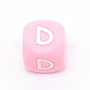 Silicone Alphabet Beads for Bracelet or Necklace Making, Letter Style, Pink Cube, Letter.D, 12x12x12mm, Hole: 3mm(SIL-TAC001-01B-D)