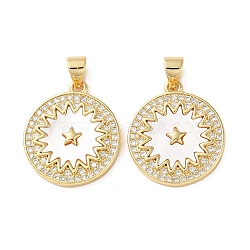 Brass Micro Pave Clear Cubic Zirconia Pendants, with Shell, Real 18K Gold Plated, Star, 20x17.5x3mm, Hole: 3.6mm(KK-B083-35A-G)