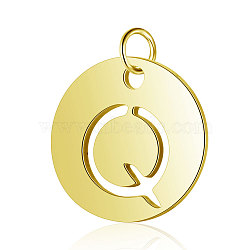 304 Stainless Steel Charms, Flat Round with Letter, Golden, Letter.Q, 12x1mm, Hole: 2.5mm(STAS-S105-T514G-Q)