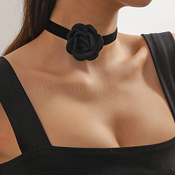 3D Rose Polyester Band Choker Necklaces with Alloy End Chains, Platinum, Black, 11.81 inch(30cm)(FS-WGA9896-02)